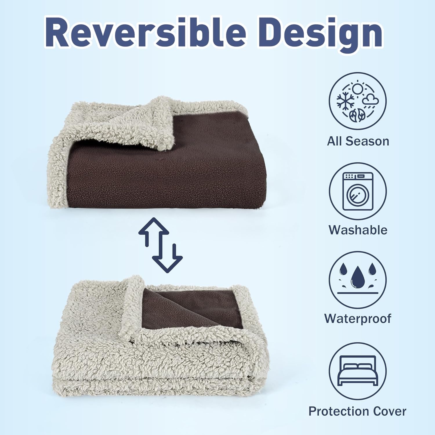 Waterproof Bed Blanket, Washable Leakproof Bed Cover, Reversible Protector Blanket for Couch Sofa, Stain Proof Blanket Pad, 80X60 Inches, Brown